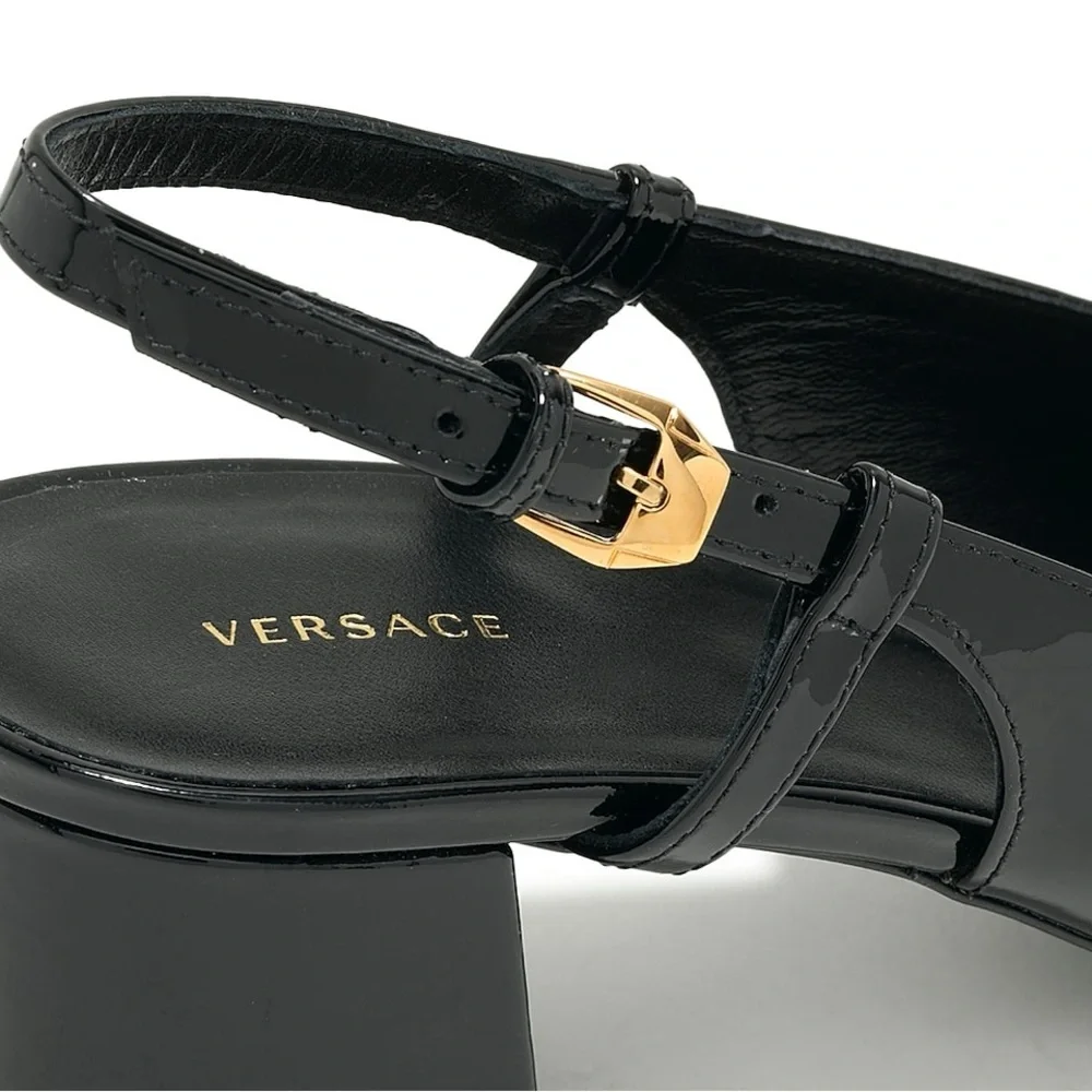 🆕 Versace Medusa Black Patent Vernis Leather Slingback Sleek Pump